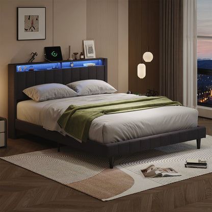 WoodenAura Polsterbett 140×200 cm, Doppelbett mit Stauraum-Kopfteil und Lattenrost, Jugendbett mit LED-Licht und USB-Anschluss