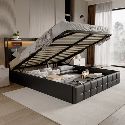 Rosahqnda Polsterbett 140x200 cm mit Lichtleiste, Stauraumbett mit Kopfteil, Doppelbett mit Lattenrost für 2 Personen,PU,Schwarz