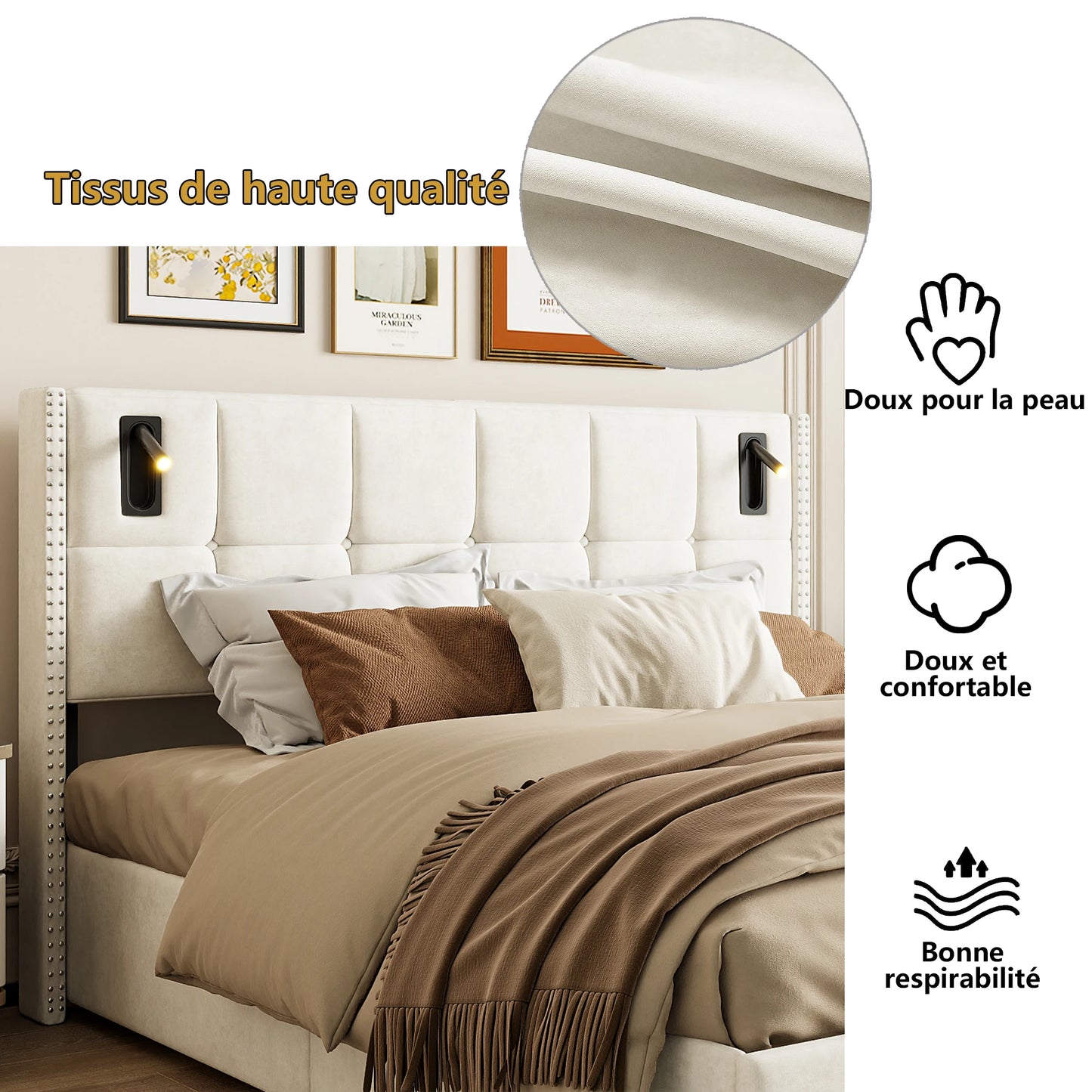 ROSAHQNDA Modernes Polsterbett, hydraulisches Doppelbett mit Leseleuchten, 140/160x200cm, Samtbett mit Stauraum, ohne Matratze