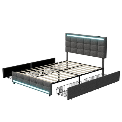 Rosahqnda Gepolstertes Doppelbett 140-160 x 200 cm mit 4 Schubladen und LED, Stauraumbett, Gästebett, Apartmentbett, Leinen