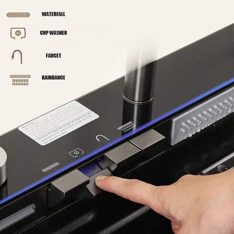 Wasserfall-Küchenspüle aus Edelstahl 304, großes Einzelschlitz-Wasserhahn-Set mit integrierter Digitalanzeige, Seifenspender, Tassenwascher