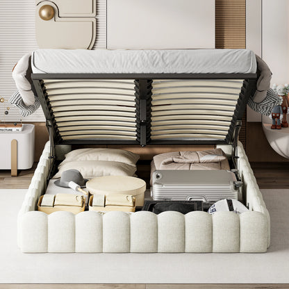 Rosahqnda Polsterbett mit LED- und USB-Anschluss, Leinenbaumstumpfbettgestell mit Kopfteil, 140 x 200 cm großes hydraulisches Bett ohne Matratze