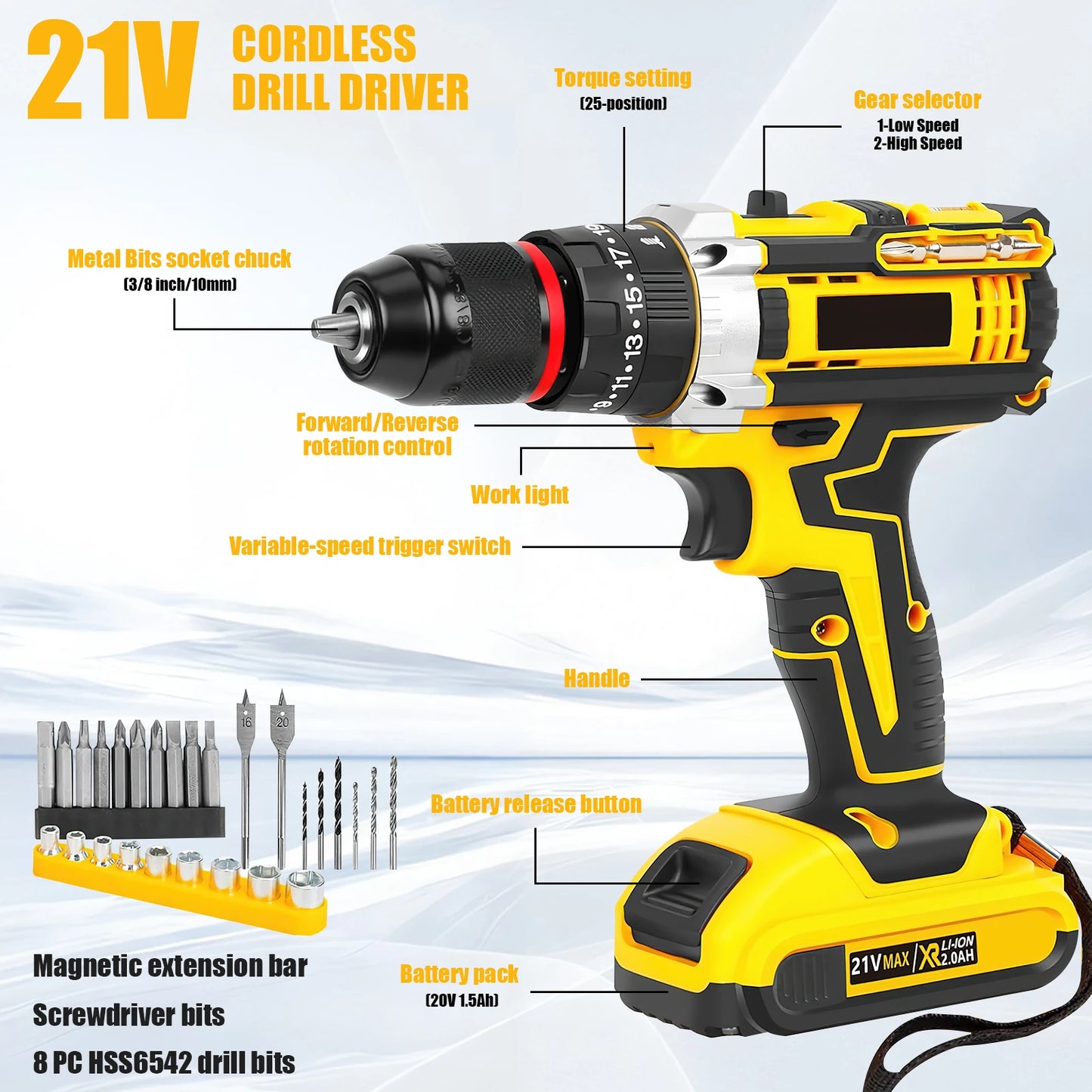 21V45Nm Akku-Bohrschrauber-Set, 120 Stück, mit Schlagschrauber, Metall-Schlüsselloses Bohrfutter, 3828 Positionskupplung für DIY-Profi-Werkzeugsatz