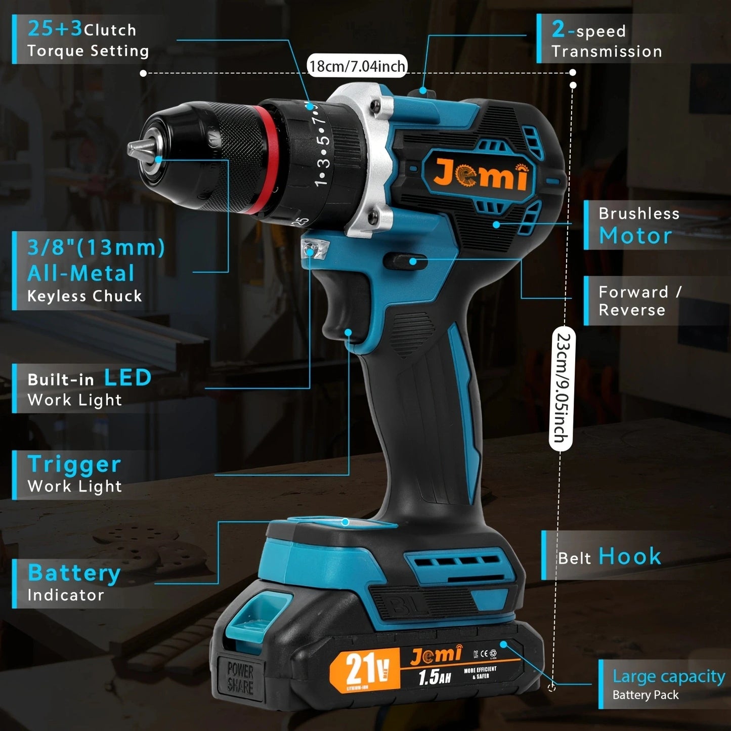 Jemi Tool Akku-Schlagbohrmaschine, mit zwei Geschwindigkeitseinstellungen, ausgestattet mit verschiedenen Größen von Bohrern und Zubehör