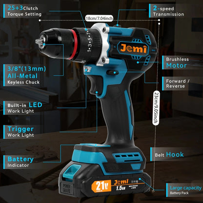 Jemi Tool Akku-Schlagbohrmaschine, mit zwei Geschwindigkeitseinstellungen, ausgestattet mit verschiedenen Größen von Bohrern und Zubehör