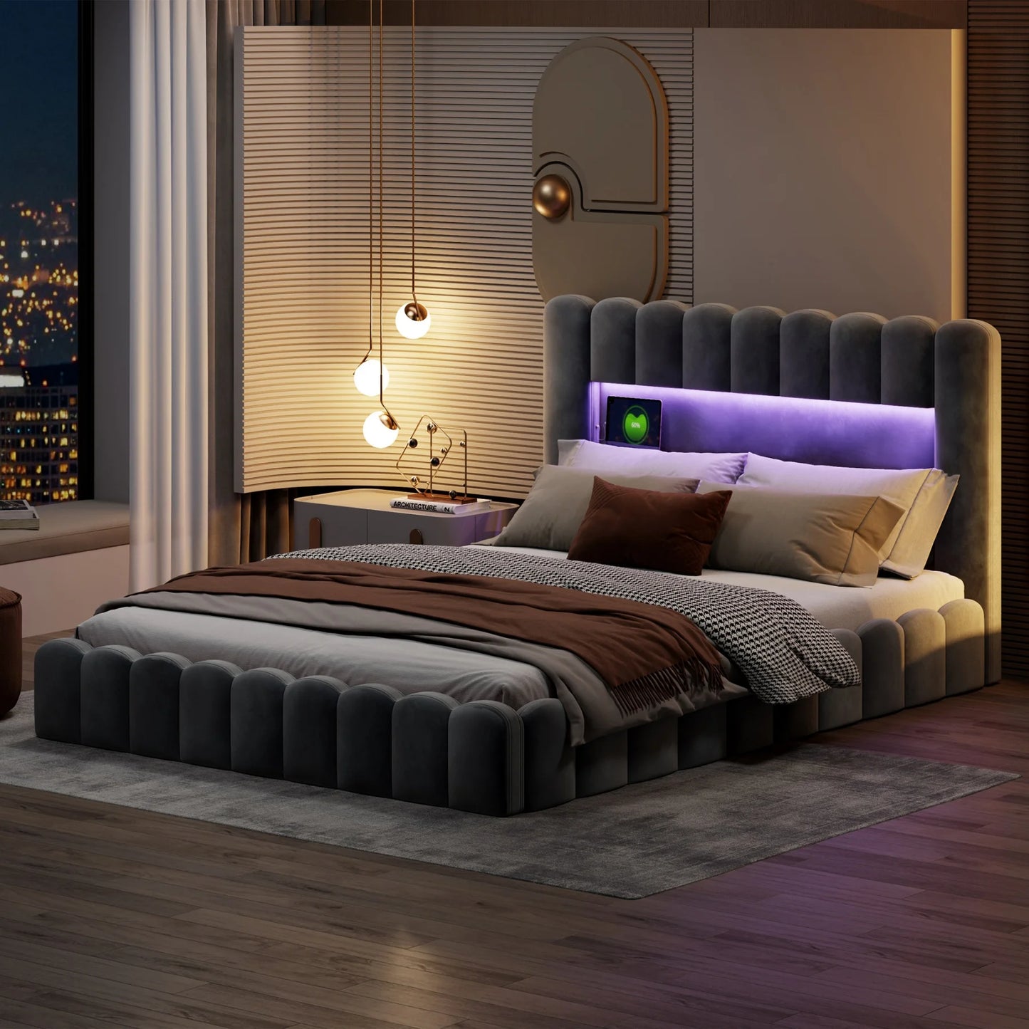 Rosahqnda Polsterbett mit LED- und USB-Anschluss, Leinenbaumstumpfbettgestell mit Kopfteil, 140 x 200 cm großes hydraulisches Bett ohne Matratze