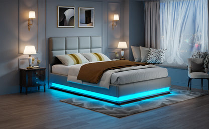 Rosahqnda Hydraulischer Doppelbettrahmen 140*190cm mit LED, Verstellbares Kopfteil, Stauraumbett 140*200cm, Polsterbett, PU