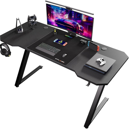 GTPLAYER Gaming Tisch, Gaming Schreibtisch 120 x 60cm, PC Tisch Gamer Tisch mit Kohlefaseroberfläche/LED/Steckdose, Schwarz