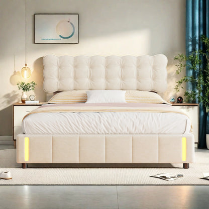 Rosahqnda Hydraulisches Doppelbett 140-160*200 cm mit Sensorlicht und Stauraum, Gepolstertes Gästebett, Hauptschlafzimmer, Samt