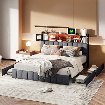 WoodenAura Polsterbett 140x200cm, Doppelbett mit 4 Schubladen, LED Kopfteil mit USB Ladefunktion, Rückenlehne Bett mit Stauraum