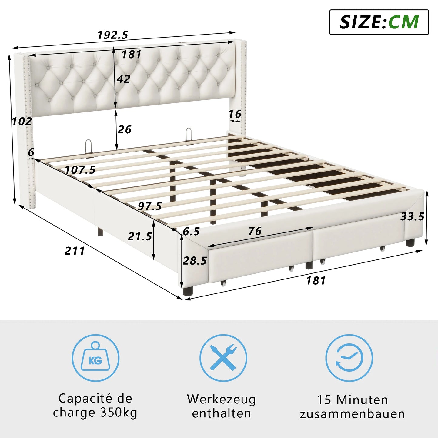 Rosahqnda Modernes Doppelbettgestell 140*190cm Stauraumbett 160-180*200cm mit LED&USB& Schubladen Jugendbett Gästebett Samtbeige