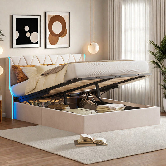 Rosahqnda Polsterbett, hydraulisches Doppelbett mit Lattenrost und LED-Kopfteil, Stauraumbett, Funktionsbettgestell in Flanell