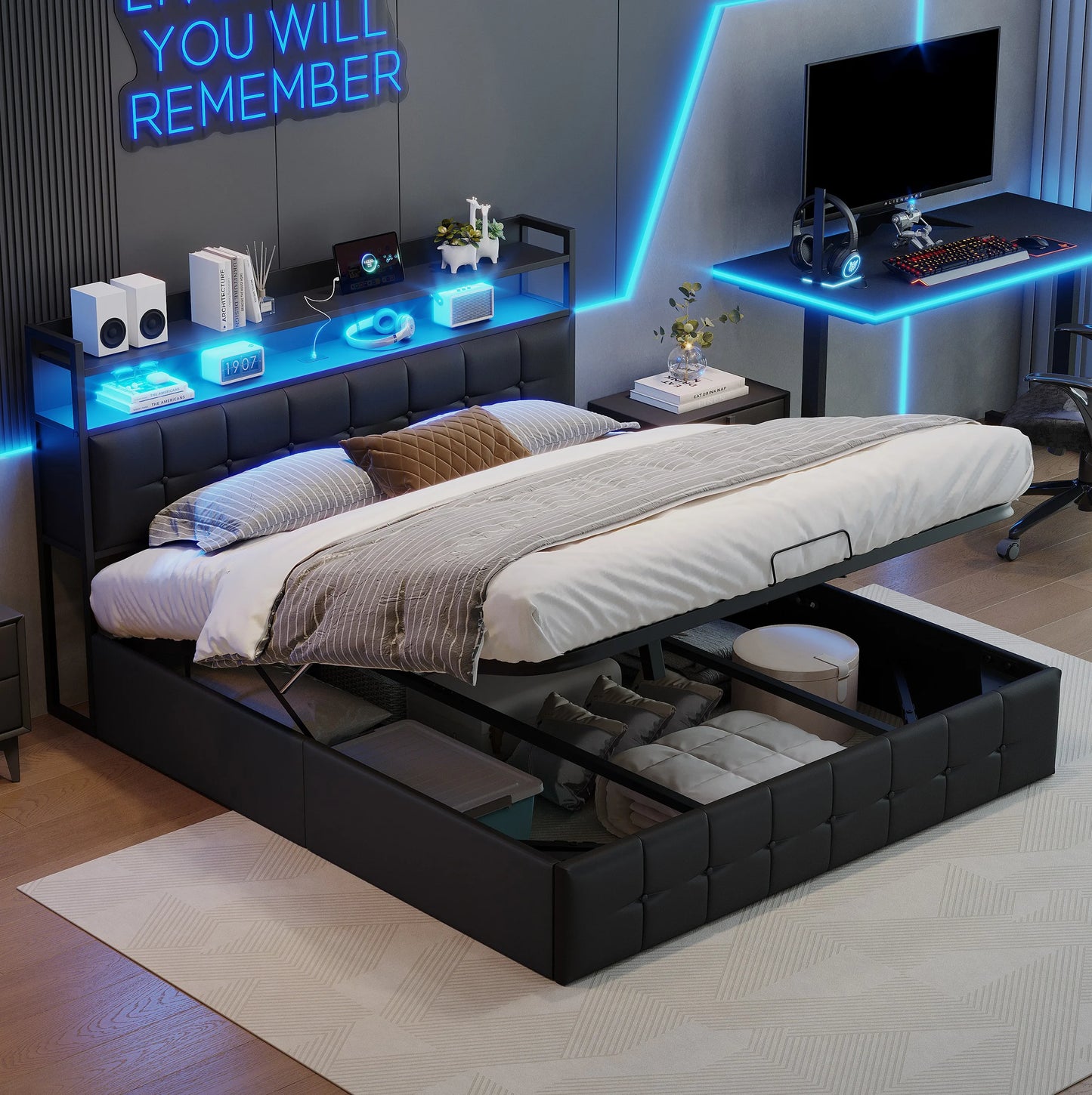 Rosahqnda Polsterbett 140 x 190 cm Doppelbett mit LED und USB, gepolsterter Bettrahmen mit Kopfteil und Lattenrost, Höhe 32 cm