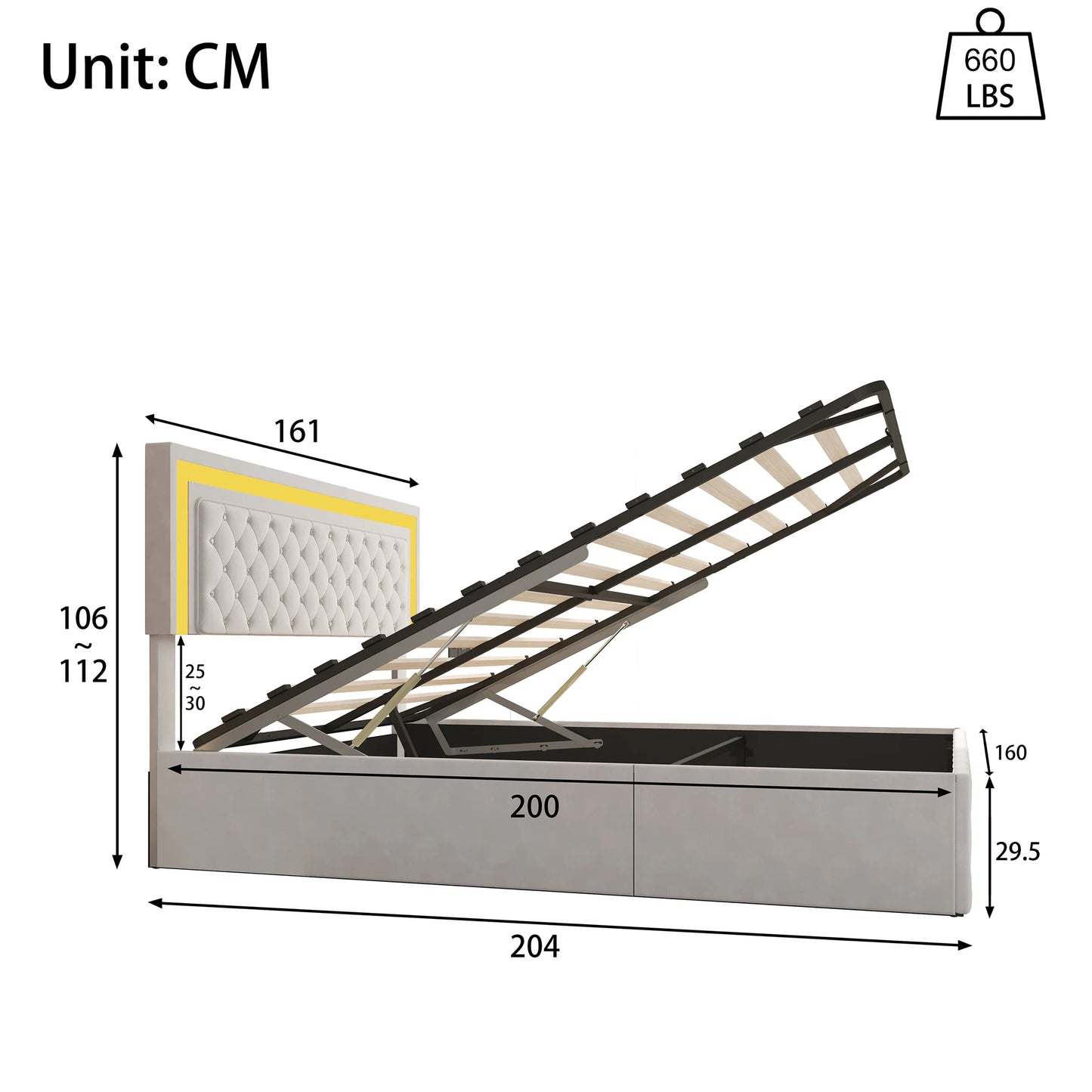 Rosahqnda gepolstertes Doppelbett 140 x 200 cm mit LED-Beleuchtung, hydraulischem Stauraumbett und Lattenrost, Funktionsbetten, Samt