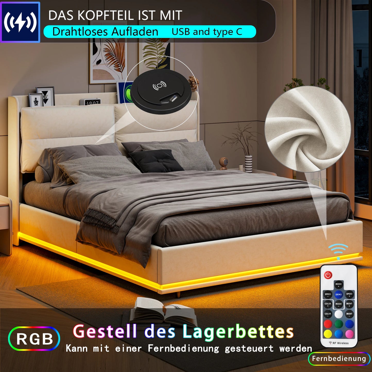 WoodenAura 140×200 cm Polsterbett, hydraulisches Doppelbett mit LED-Leuchten und Lattenrost, mit Rückenlehnenkopfteil