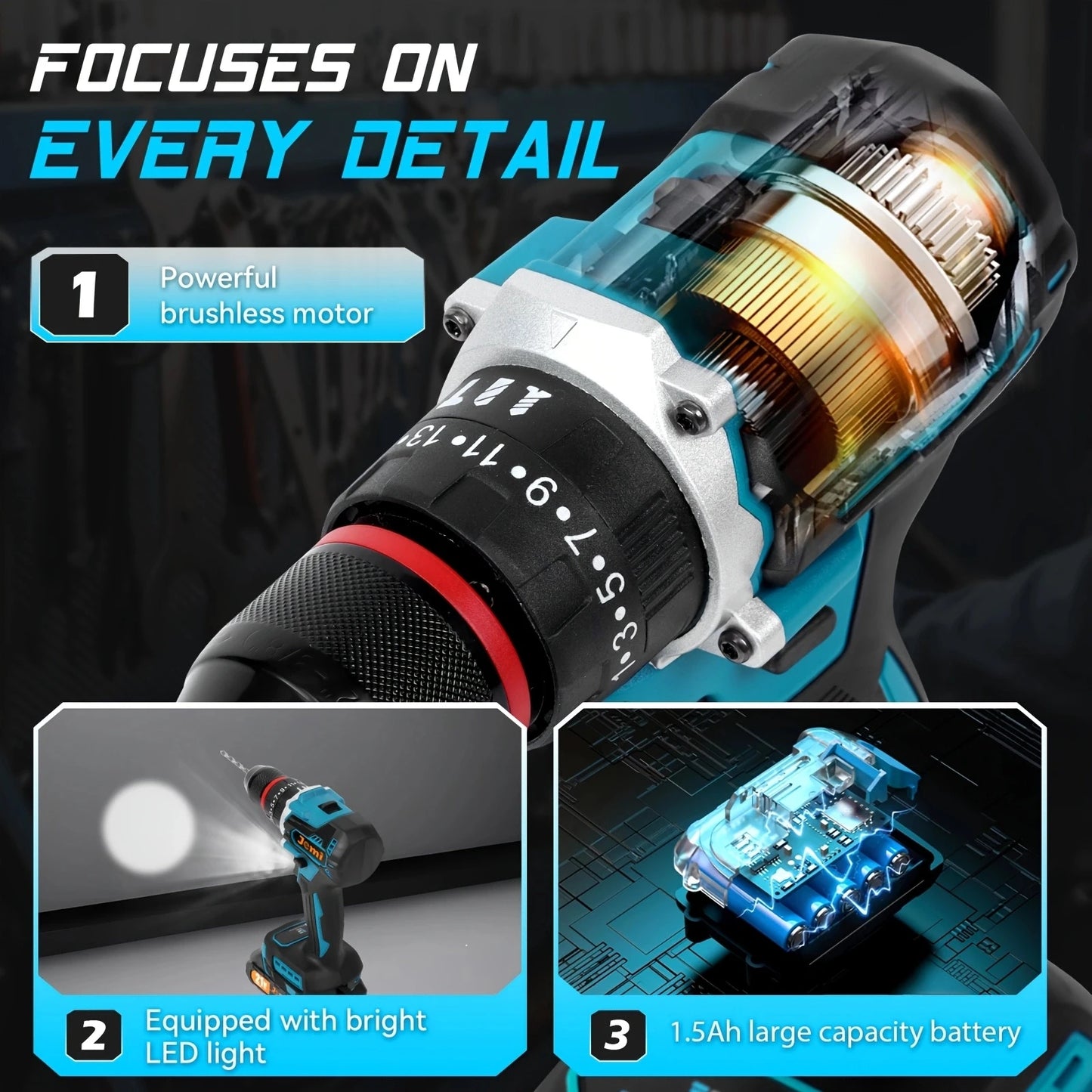 Jemi Tool Akku-Schlagbohrmaschine, mit zwei Geschwindigkeitseinstellungen, ausgestattet mit verschiedenen Größen von Bohrern und Zubehör