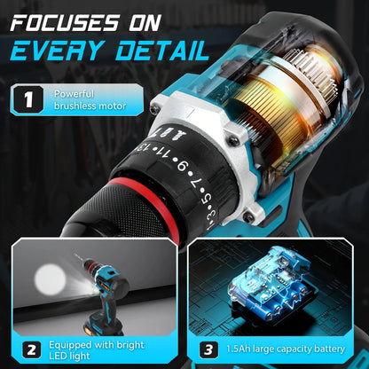 Jemi Tool Akku-Schlagbohrmaschine, mit zwei Geschwindigkeitseinstellungen, ausgestattet mit verschiedenen Größen von Bohrern und Zubehör