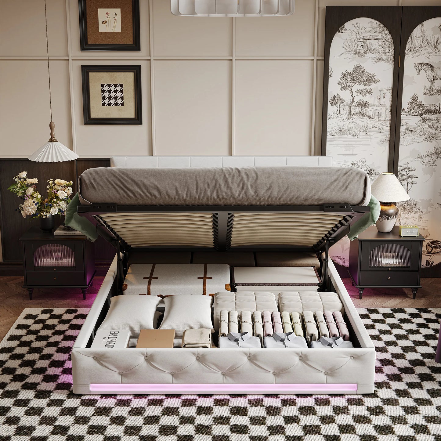 Rosahqnda Double Upholstered Bed 160x200,LED Hydraulic Storage Bed with Large Storage Space,Adjustable Headboard,Bedroom,Beige