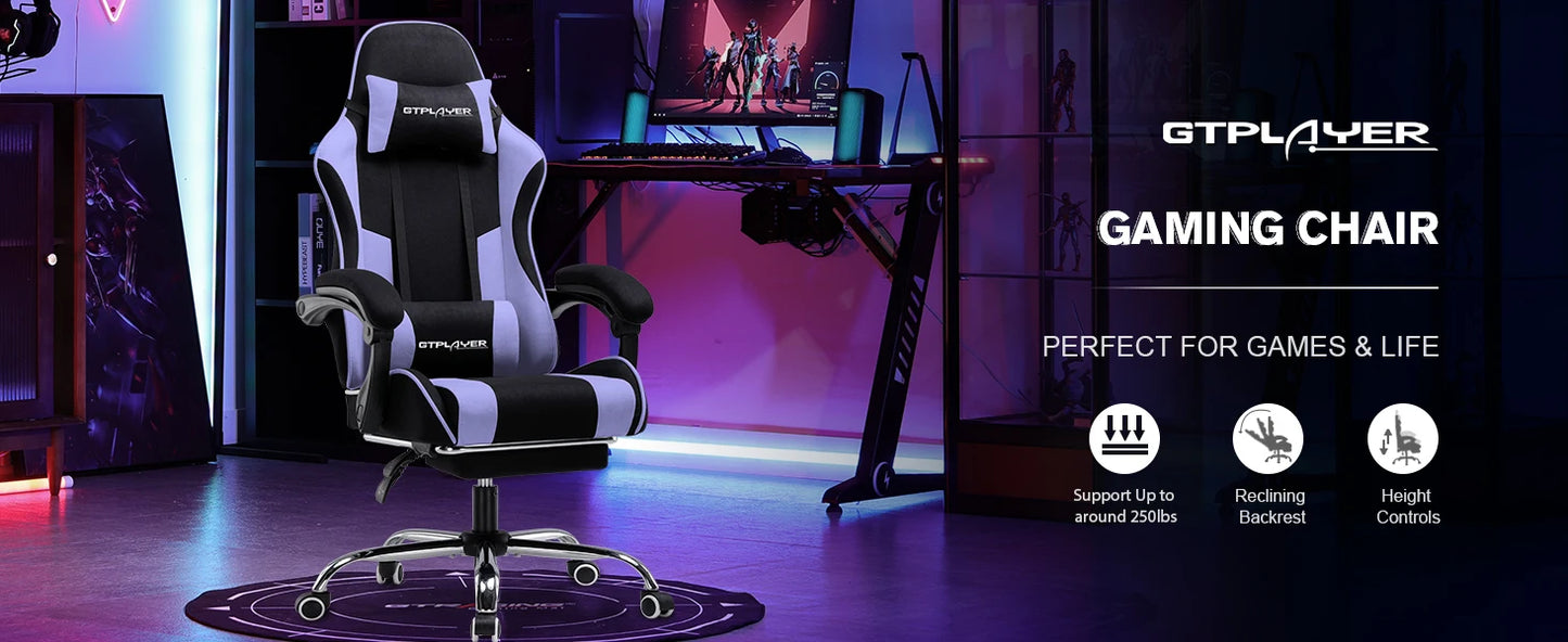 GTPLAYER Bürostuhl Gaming Stuhl Stoff Gaming Sessel Ergonomischer Gamer Stuhl mit Fußstütze, Kopfstütze Lendenkissen, Gepolstert