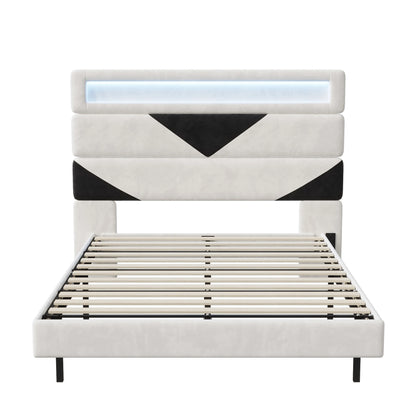 WoodenAura Polsterbett 160x200cm mit LED-Beleuchtung, Bettrahmen mit Lattenrost, verstellbares Kopfteil, Jugendbett