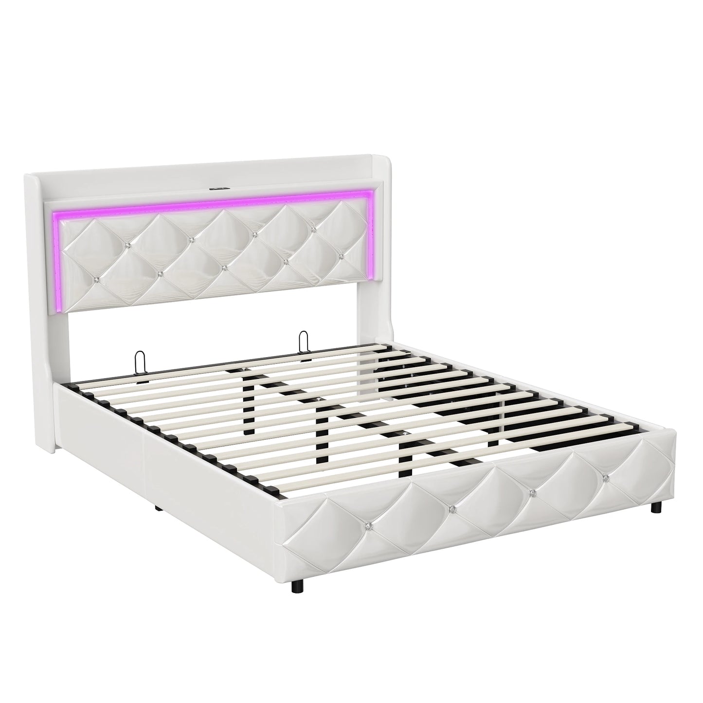 Rosahqnda Doppel-Jugendbettgestell 140–160 x 200 cm mit hydraulischem LED- und USB-Aufbewahrungsbett, Einzelbett, Gäste-/Master-Schlafzimmer, PU, weiß/schwarz