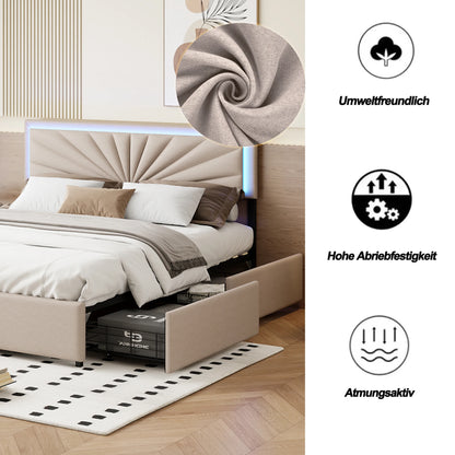 WoodenAura Polsterbett 140x200 cm mit LED-Beleuchtung,Doppelbett mit 4 Schubladen, Höhenverstellbarem Kopfteil und Holzgestell