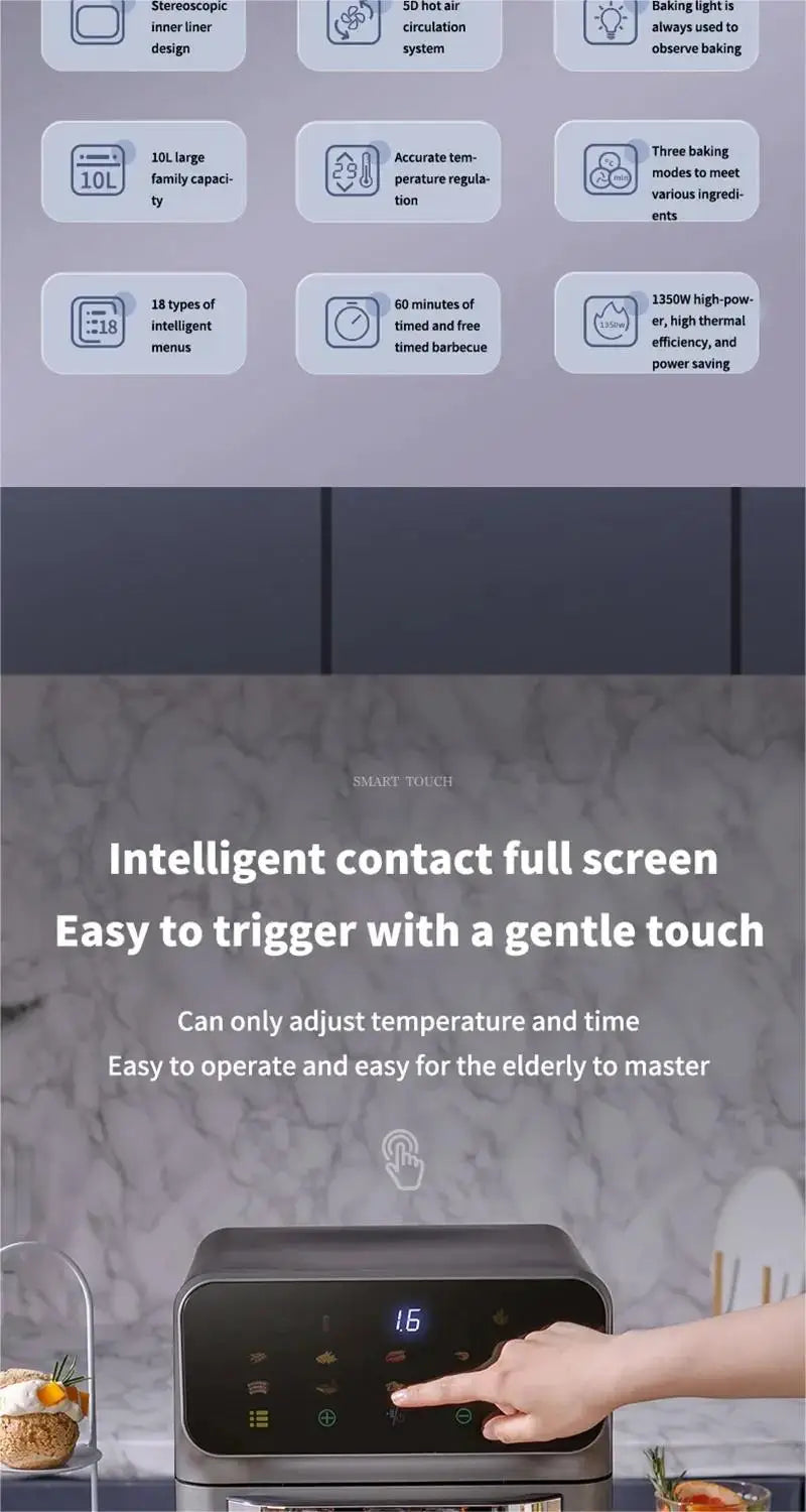 10L Large Capacity Electric Air Fryers Oil-free Automatic Household Kitchen 360 ° Baking Convection Oven Deep Fryer without Oil.