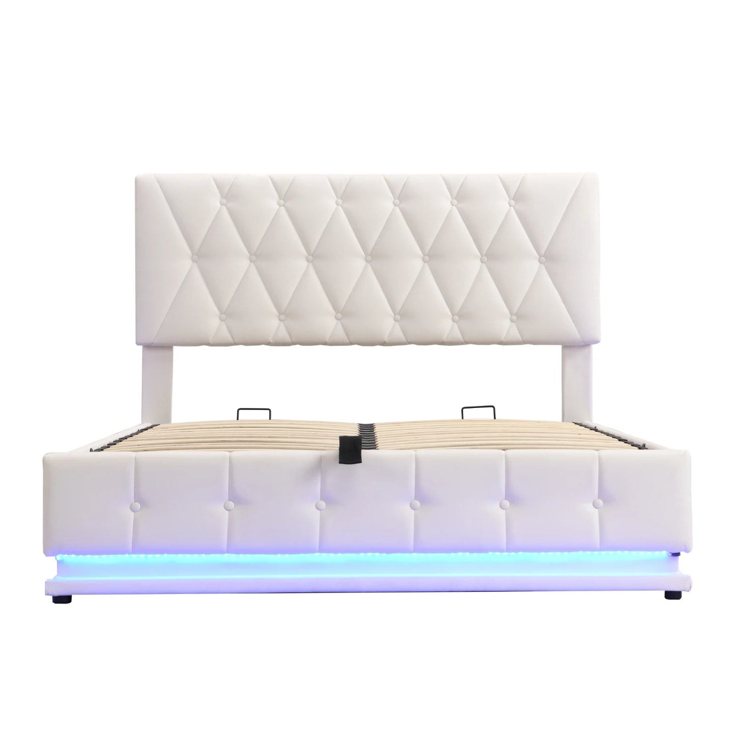 Rosahqnda Gepolstertes hydraulisches Bett 140 * 200 cm mit LED-verstellbarem Kopfteil, moderner Doppelbettrahmen mit Stauraum,PU