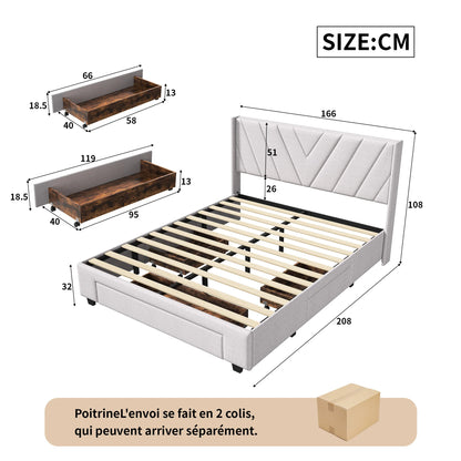 UrbanLuxe Doppelbett 160x200 cm mit 3 Schubladen, Bett mit Stauraum, Lattenrost, Bettgestell, Leinen, Beige, ohne Matratze
