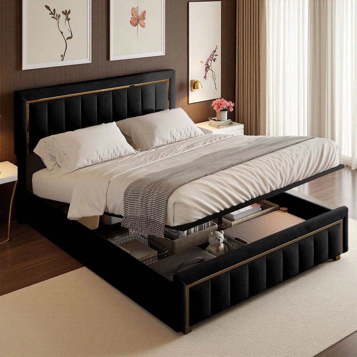 Polsterbett140 x 200cm,Doppelbett mit Hydraulisch und Lattenrost,Jugendbett mit hydraulischem Stauraum und Kopfteil,Samt,Schwarz