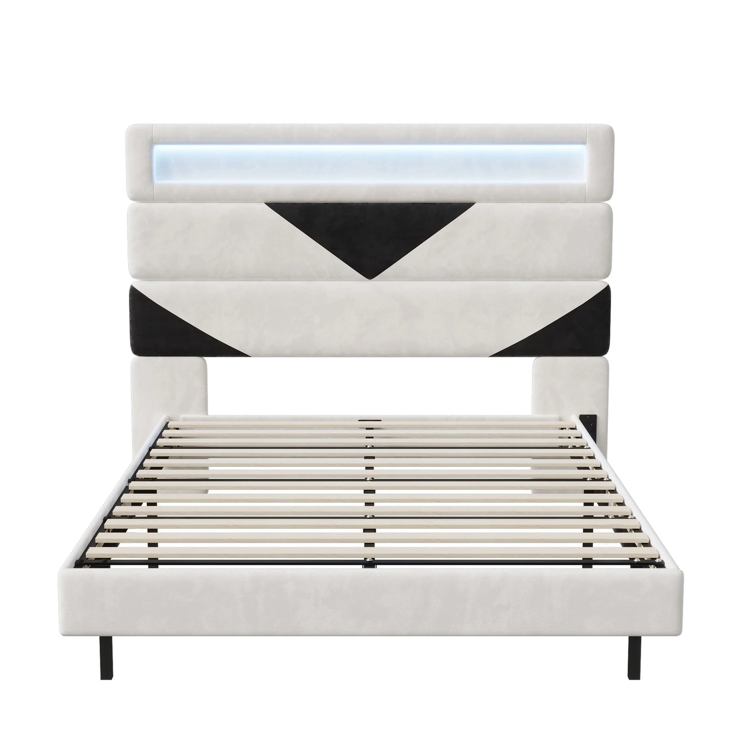 Doppelbett 160x200 cm, mit zwei USB-Ladeanschlüssen und LED-Lichtleiste, dreieckiges Kopfteil, verstellbare Holzplatte, Samt