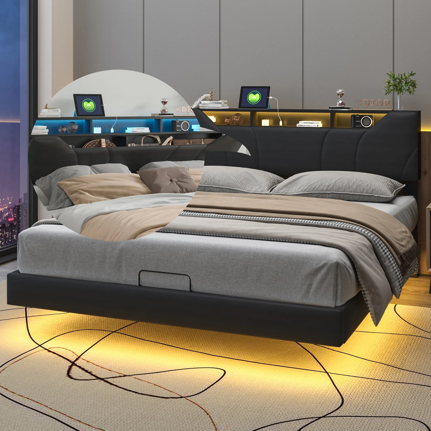 WoodenAura Doppelbett, gepolstertes Bett, Stauraum, Kopfteilbett mit USB-Aufladung, Stauraumbetten 140 x 200 cm, ohne Matratze