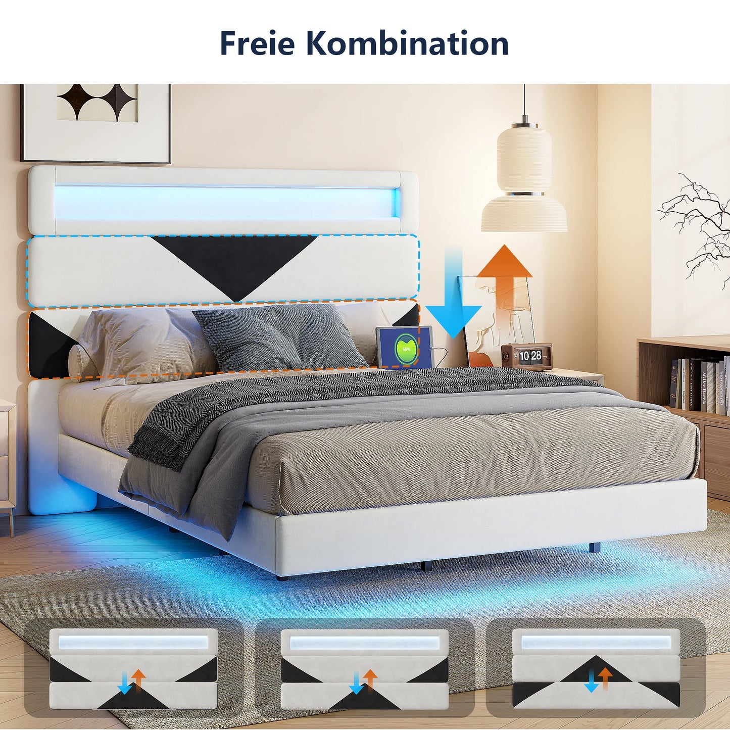 Rosahqnda Double Bed 140x190cm,Upholstered Bed with LED lighting and USB Charging Port,Youth Bed Ajudtable Headboard,WhiteVelvet