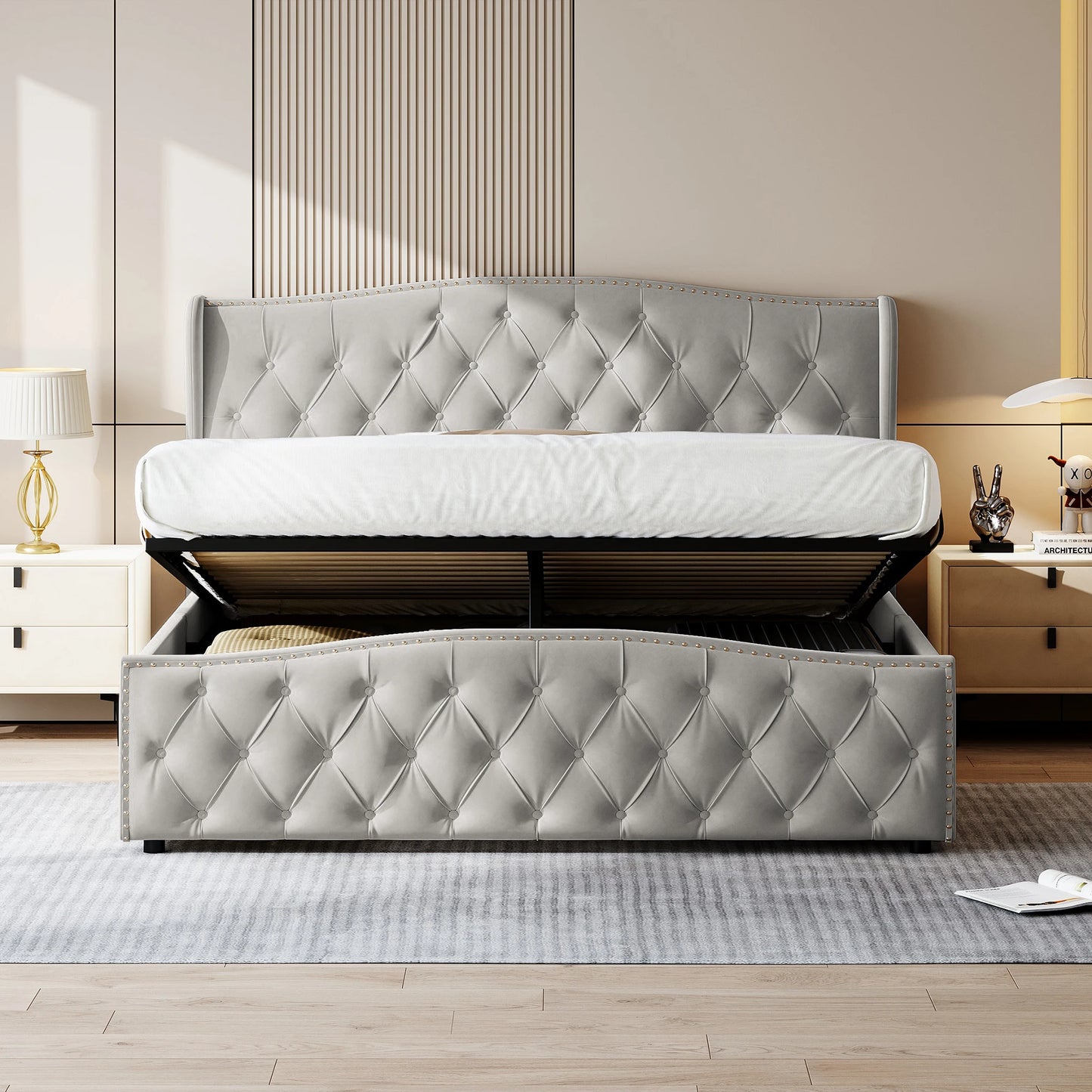 Polsterbett 140x200 cm mit Unterbettkommode, Doppelbett mit Kopfteil und Lattenrost, Samt, für Erwachsene und Jugendliche