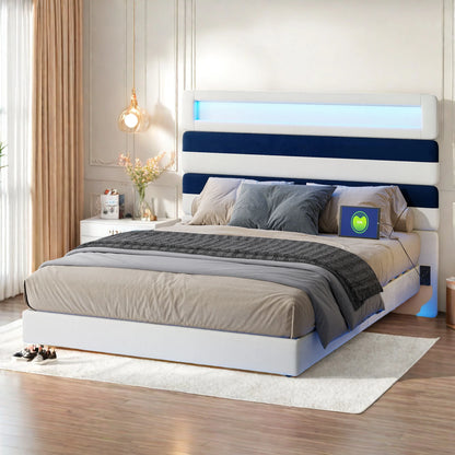 Anajqaqia 140 x 190 cm gepolstertes Bett, Doppelbett mit USB-Ladeanschluss, Kopfteil und Unterbett mit Lichtleiste, Samt