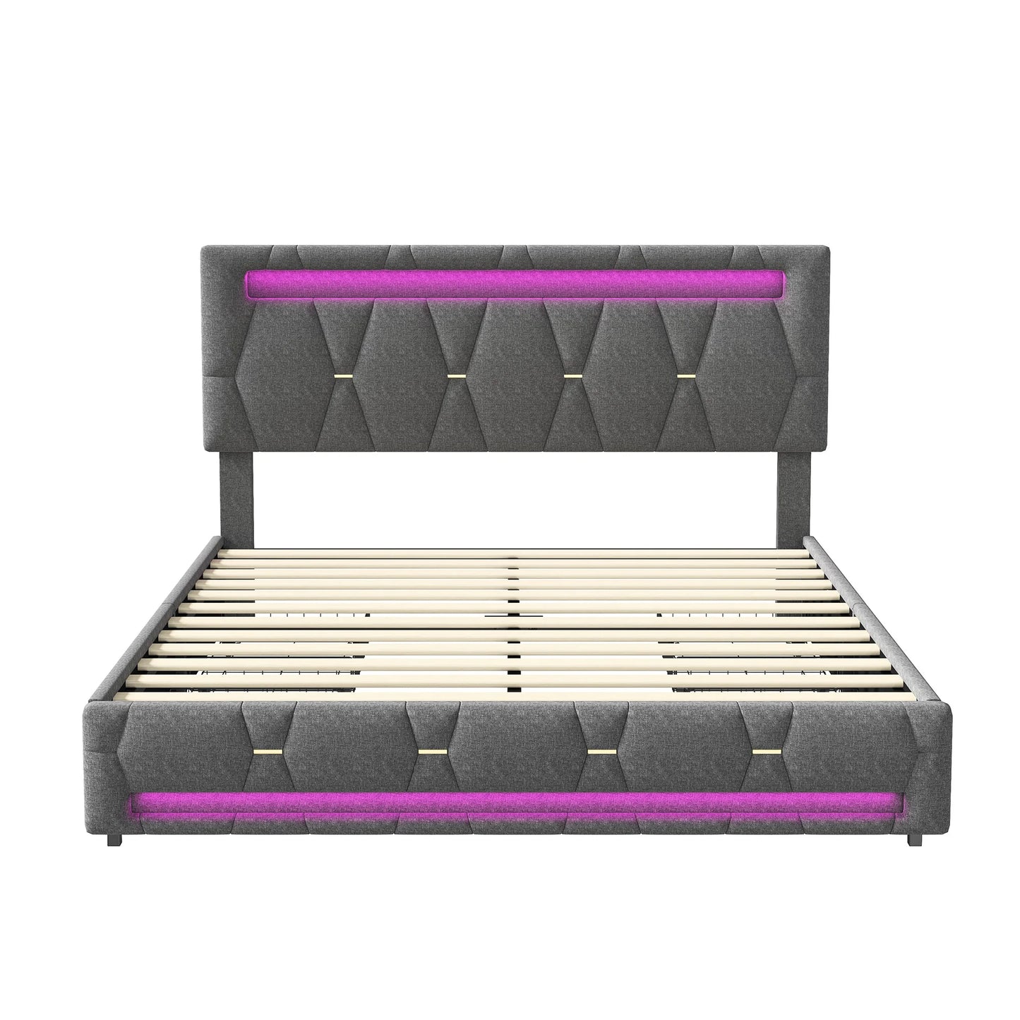 WoodenAura Bett 160x200 cm LED Doppelbett mit USB-Ladefunktion, Polsterbett Stauraumbett mit 4 Schubladen,Verstellbares Kopfteil