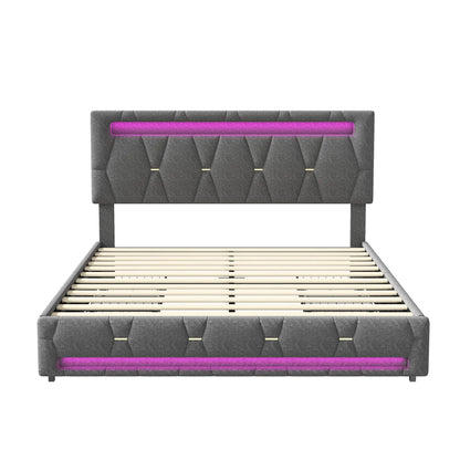 WoodenAura Bett 160x200 cm LED Doppelbett mit USB-Ladefunktion, Polsterbett Stauraumbett mit 4 Schubladen,Verstellbares Kopfteil