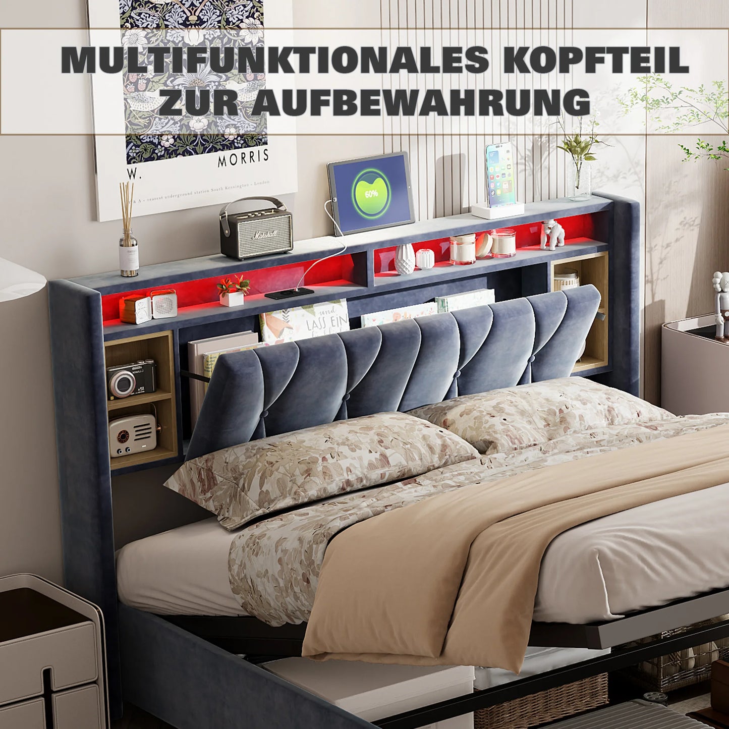 ROSAHQNDA Doppelbett mit Stauraum, LED-Bücherregal-Kopfteil mit USB, Polsterbett 140/160 x 200 cm, Samt, ohne Matratze