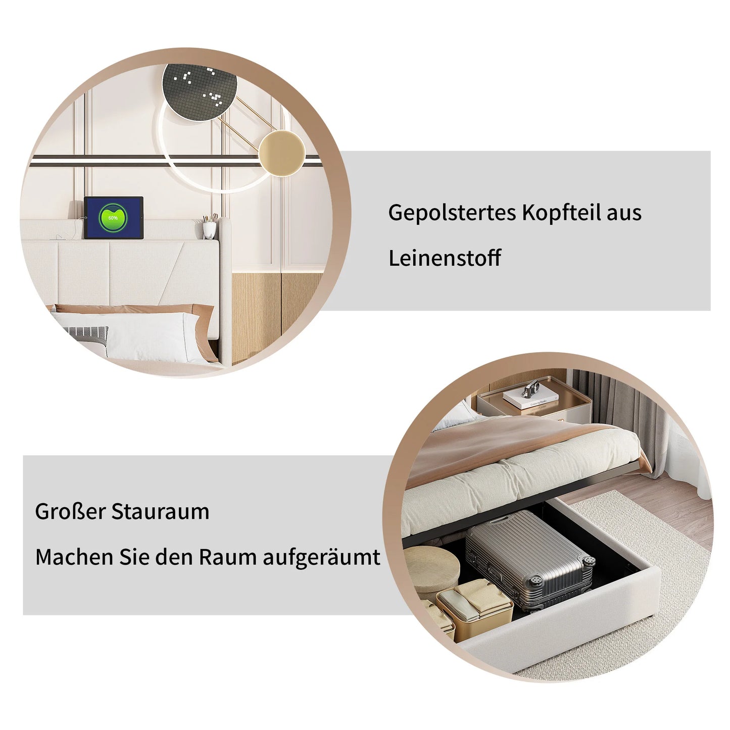 Comanlai 140 x 200 cm Polsterbett, hydraulisches Bett mit Stauraum, mit USB und Typ C, Jugendbett, ohne Matratze, Leinenstoff, Beige