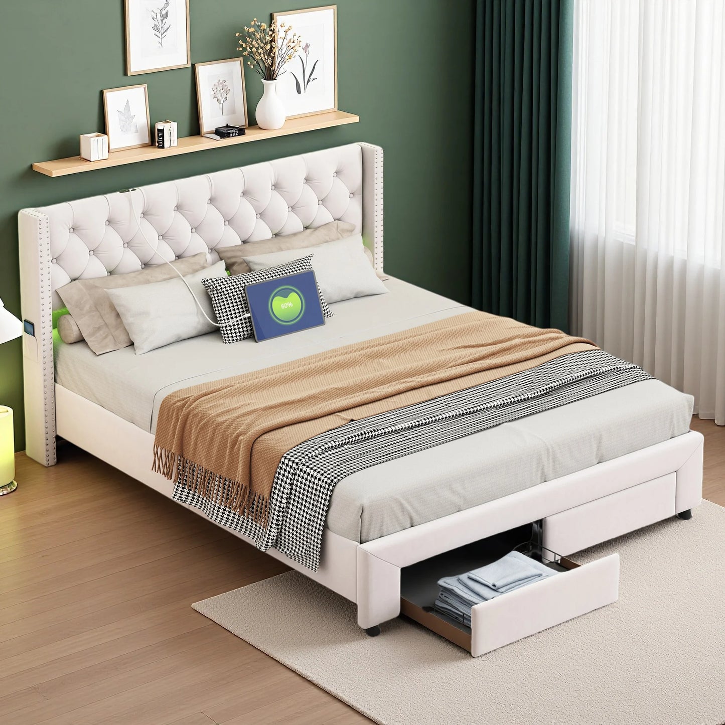 WoodenAura Polsterbett, beiger Samt, Kopfende mit 2 Schubladen, genietetes Kopfteil, Kommode, Stauraumbett mit LED-Beleuchtung