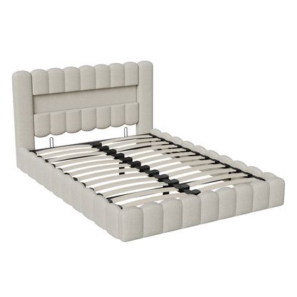 Rosahqnda Upholstered Bed 140x200cm,Storage Bed with LED and USB Charging,for Adults,Teen Bedrooms,Gray, Beige,Linen
