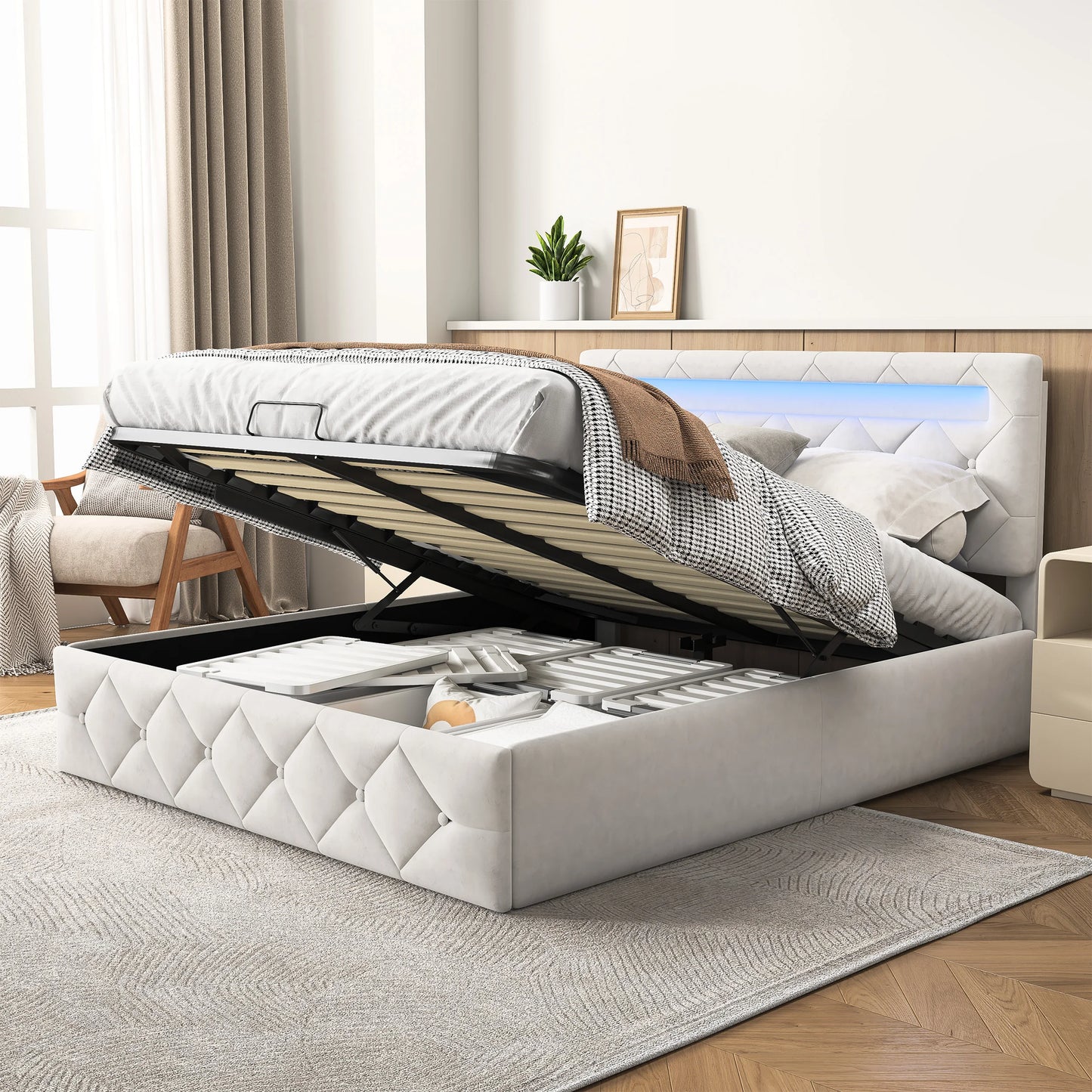 Rosahqnda Modernes weißes Polsterbett,hydraulisches Bett mit großem Stauraum, elegantes Doppelbett,Samtstoff, ohne Matratze