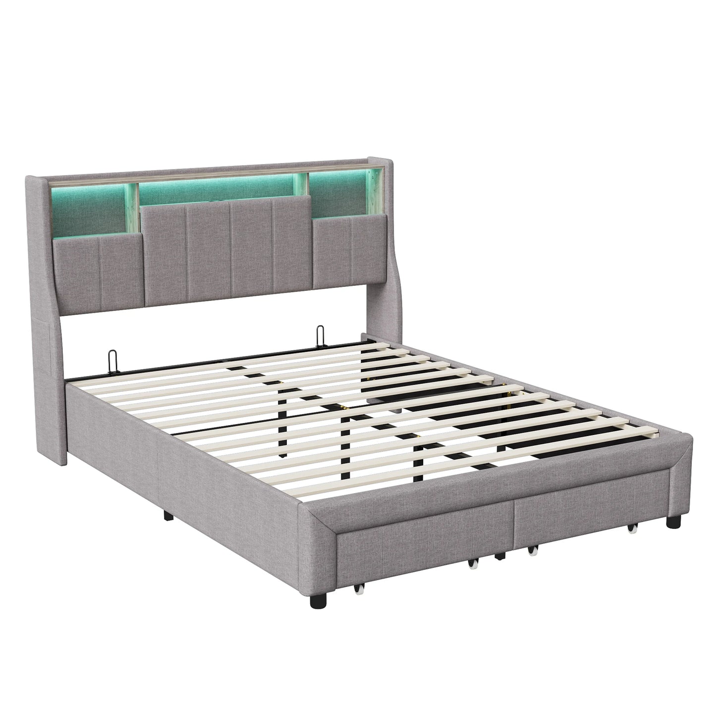 Upholstered Bed 160 x 200 cm, Bed Frame with LED Lights, USB Ports and Storage Headboard, Double Bed, Guest Bed, Teenager's Bed