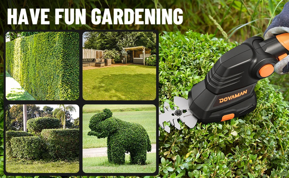 DOVAMAN 7,2 V Akku-Rasenschere, Griff mit drei Positionen, 80-Minuten-Schnellladung, 1500 mAh Akku, kompakte elektrische Schere
