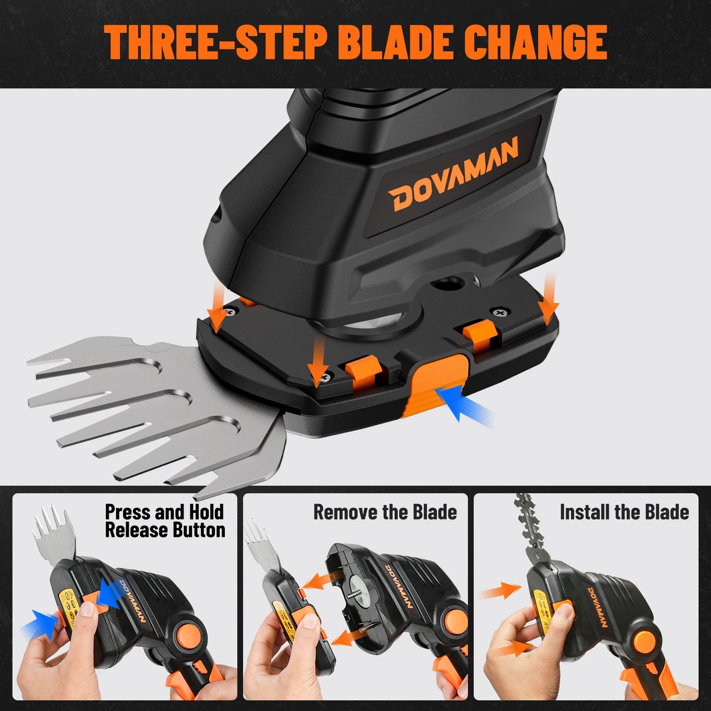 DOVAMAN 7,2 V Akku-Rasenschere, Griff mit drei Positionen, 80-Minuten-Schnellladung, 1500 mAh Akku, kompakte elektrische Schere