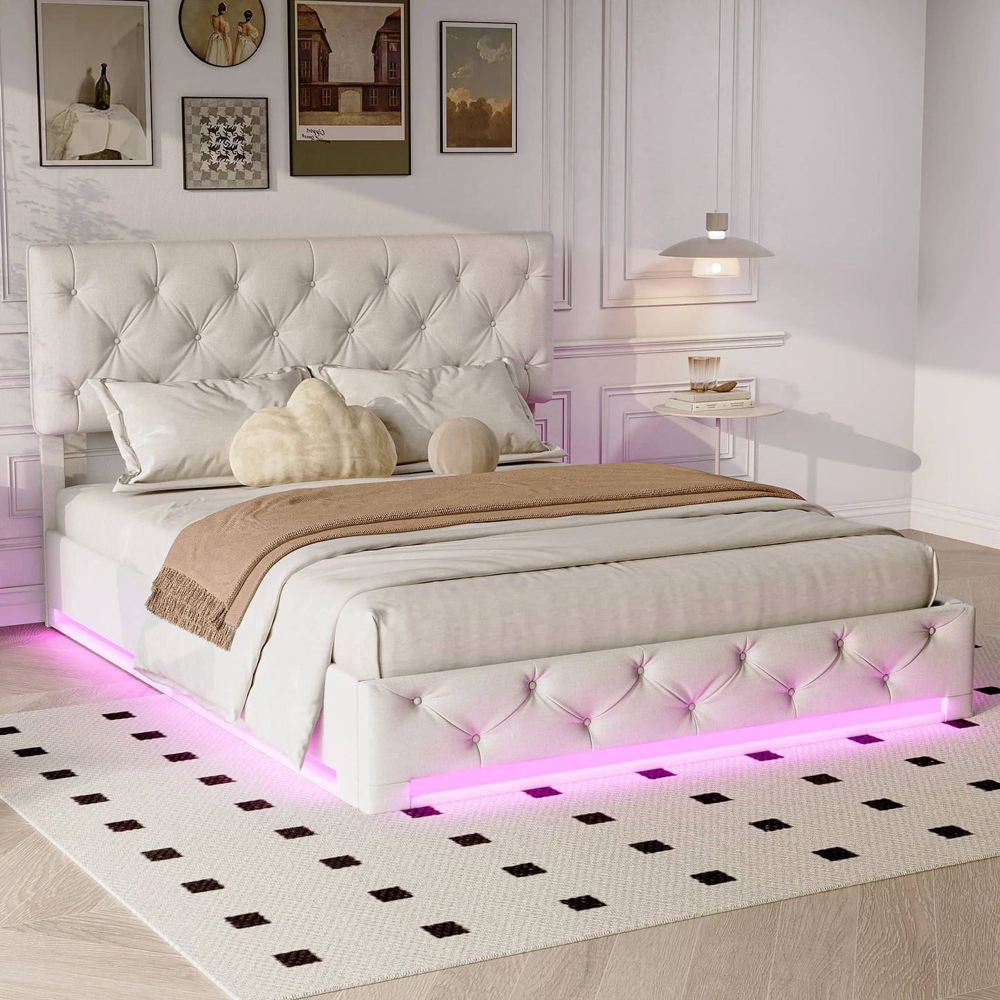 Rosahqnda upholstered bed, double size, with LED lights, storage bed with hydraulic lift box, adjustable headboard height, linen