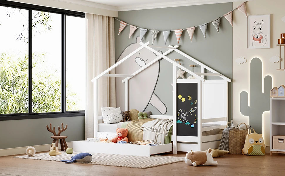 Roshanda Kinderbett, 90 x 200 cm, Hausbett, Einzelbett, mit Tafel/Bücherregal/Schublade, Kiefer, Weiß