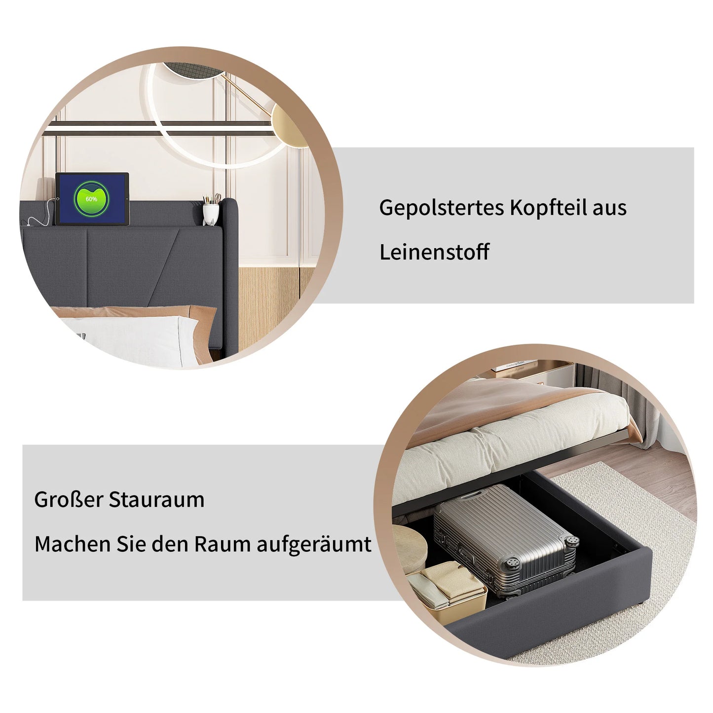 UrbanLuxe 160 x 200 cm Bett mit Stauraum, 2 USB-Anschlüsse + 1 Typ-C-Anschluss, Lattenrost, Leinen, grau, ohne Matratze