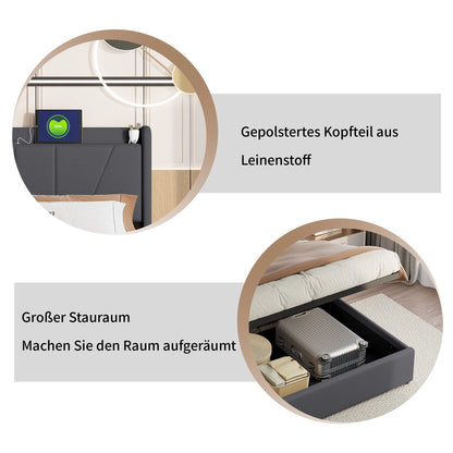 UrbanLuxe 160 x 200 cm Bett mit Stauraum, 2 USB-Anschlüsse + 1 Typ-C-Anschluss, Lattenrost, Leinen, grau, ohne Matratze