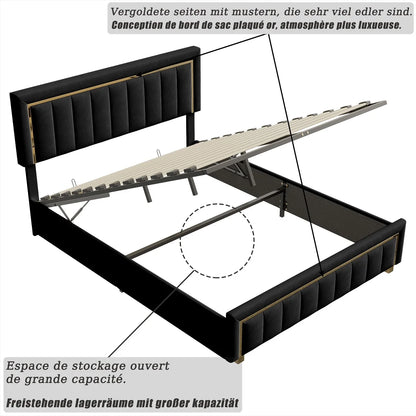 Polsterbett140 x 200cm,Doppelbett mit Hydraulisch und Lattenrost,Jugendbett mit hydraulischem Stauraum und Kopfteil,Samt,Schwarz